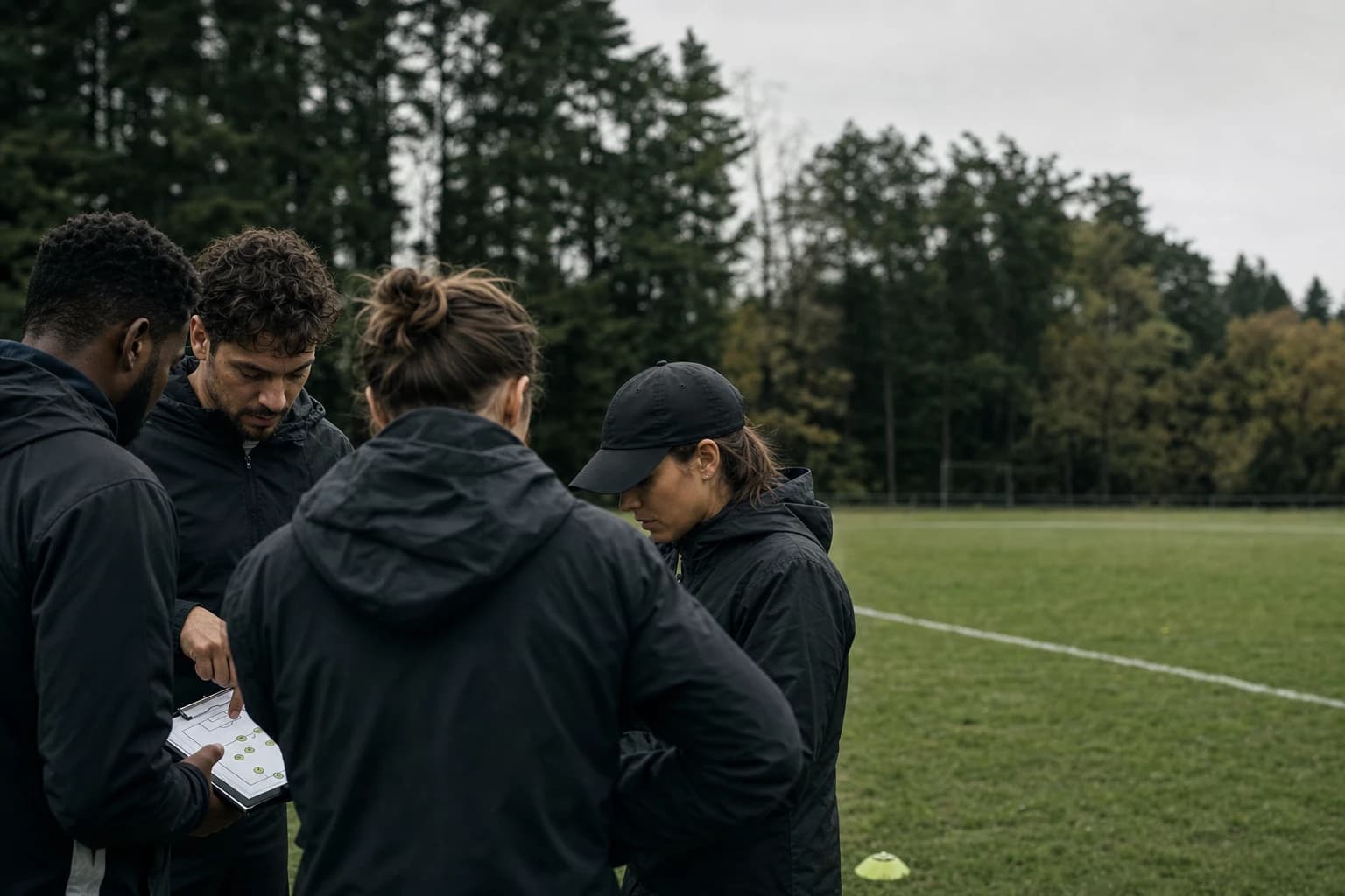 A group of trainers coordinating beside a soccer field
